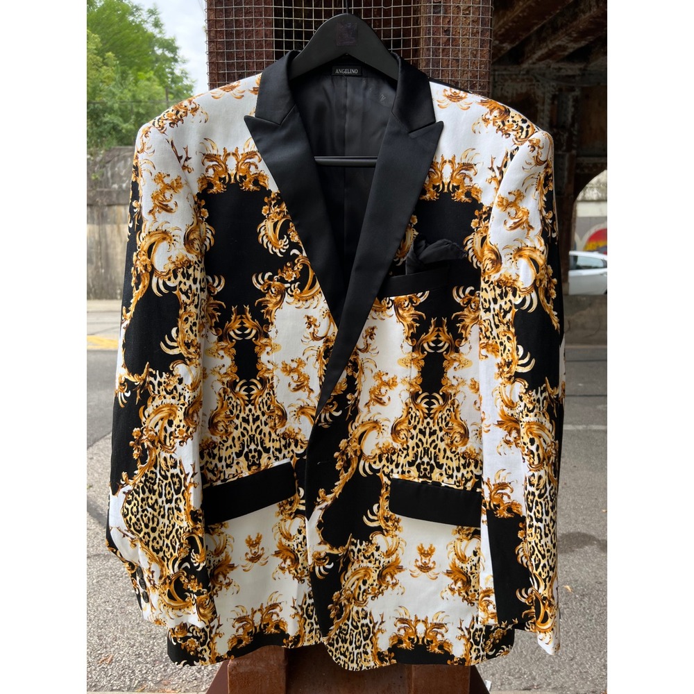ANGELINO Men's Luxury Baroque & Cheetah Animal Print Statement Blazer 42R